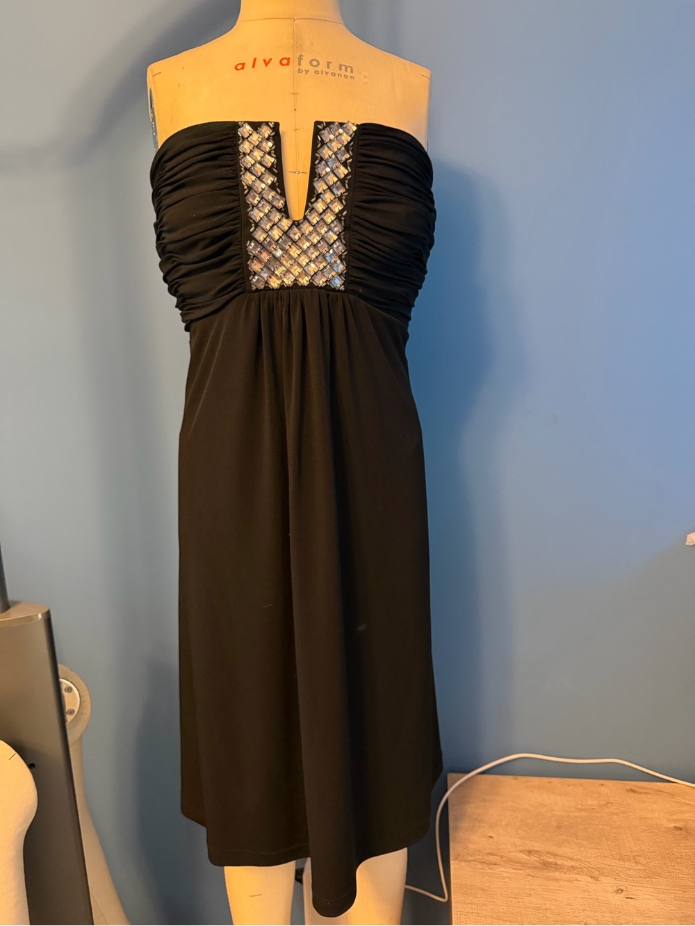 Calvin Klein Black Strapless Dress with Beaded V-Detail